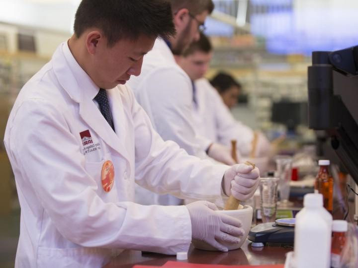 Students using a mortar 和 pestle to mix compounding ingredients